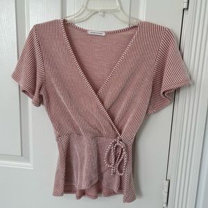 CAUTION TO THE WIND Striped Faux Wrap Blouse | XS